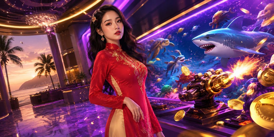 Cô gái mặc áo dài chơi bắn cá trực tuyến với phong cảnh biển Vũng Tàu